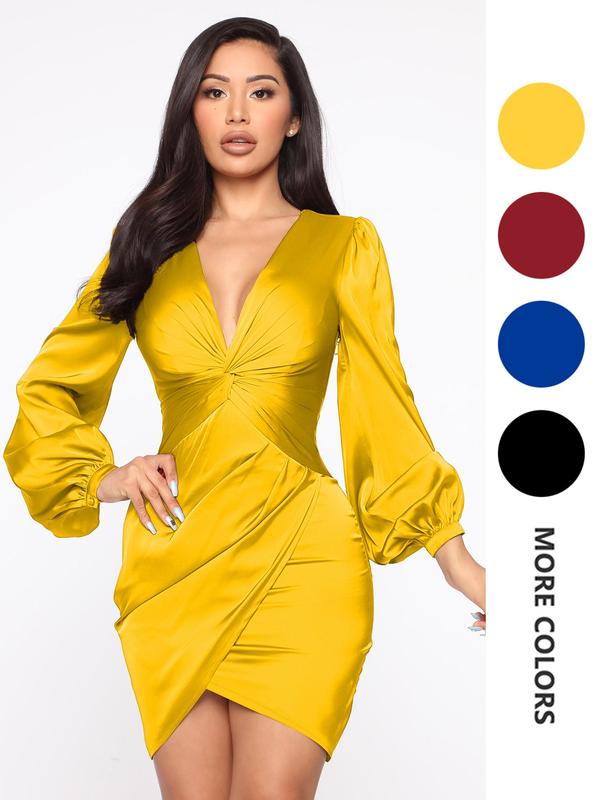 Women's Twist Wrap Deep V Neck Bodycon Dress, Elegant Bishop Sleeve Short Dress for Party Club Dating Wear, Birthday Dresses 2024, Women's Clothing for Spring & Fall
