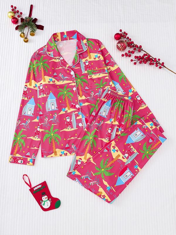 Two-piece Set Women's All Over Christmas Cartoon Print Button Front Pocket Shirt & Elastic Waist Pants Pajama Set, Casual Long Sleeve Lapel Neck Top & Elastic Waist Trousers Pj Set, Ladies Sleepwear for Spring & Fall