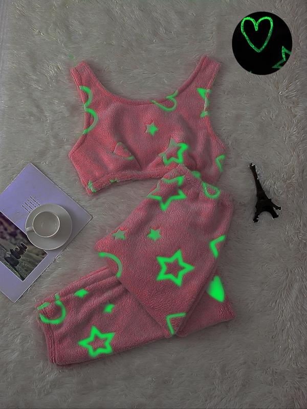 Women's Glow in The Dark Heart & Star Flannel Halloween Pajamas Set, Fluffy Pajamas, Round Neck Sleeveless Crop Tank Top & Elastic Waist Pants Pjs Set, Women's Sleepwear, Fall Cute Wear, Pajama Pants at Gym
