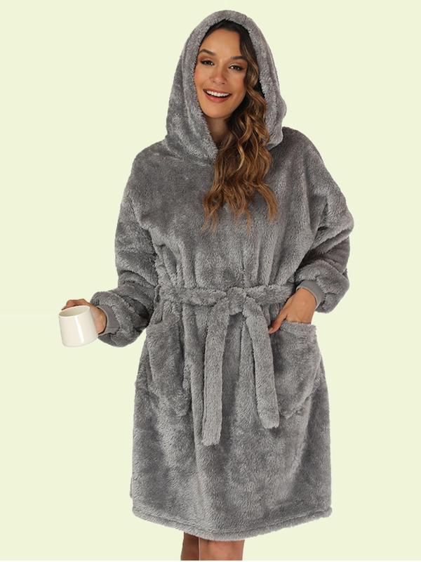 Women's Solid Drop Shoulder Belted Hooded Flannel Lounge Robe, Casual Long Sleeve Pocket Design Bathrobe, Ladies Fall & Winter Sleepwear