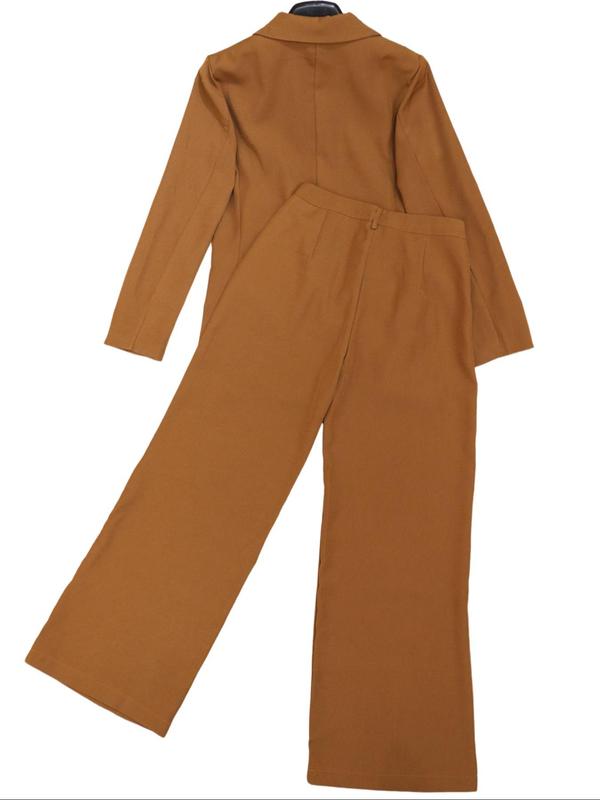Women's Solid Double Button Lapel Neck Blazer & Wide Leg Pants Two-piece Set, Elegant Fashion Casual Long Sleeve Outerwear & Pocket High Waist Trousers for Daily Outdoor Wear, Women's Clothing for Spring & Fall