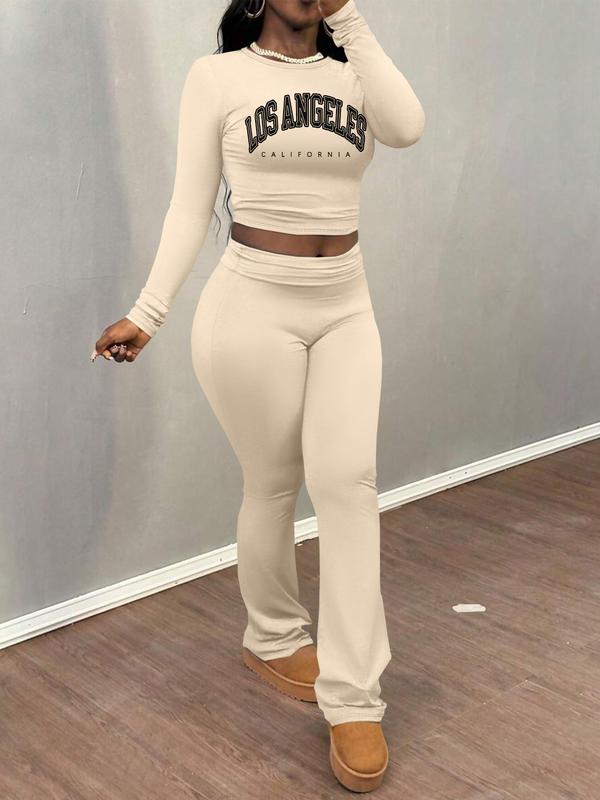 Women's Letter Print Long Sleeve Crop Tee & Plain Flare Leg Pants Two-Piece Set, Casual Fashion Cozy Round Neck Top & Bell Bottom Trousers for Daily Outdoor Wear, Women's Clothing for Fall & Winter