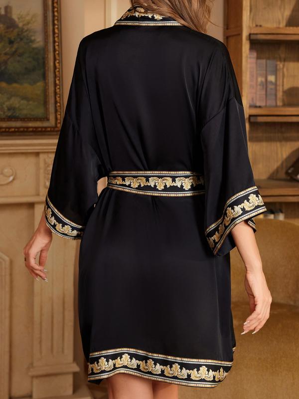 Women's Contrast Binding Belted Robe, Casual Soft Comfortable Half Sleeve Dressing Gown, Ladies Sleepwear for All Seasons