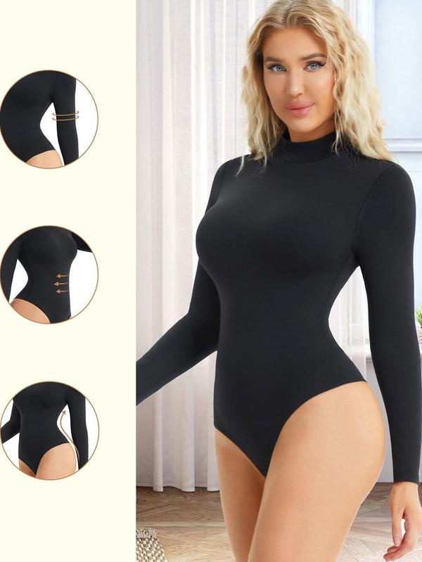 Women's Plain Mock Neck Long Sleeve Shapewear Bodysuit, Casual Comfy High Stretch Fajas Shapewear Clothing for Daily Wear, Women's Shapewear for Spring & Fall