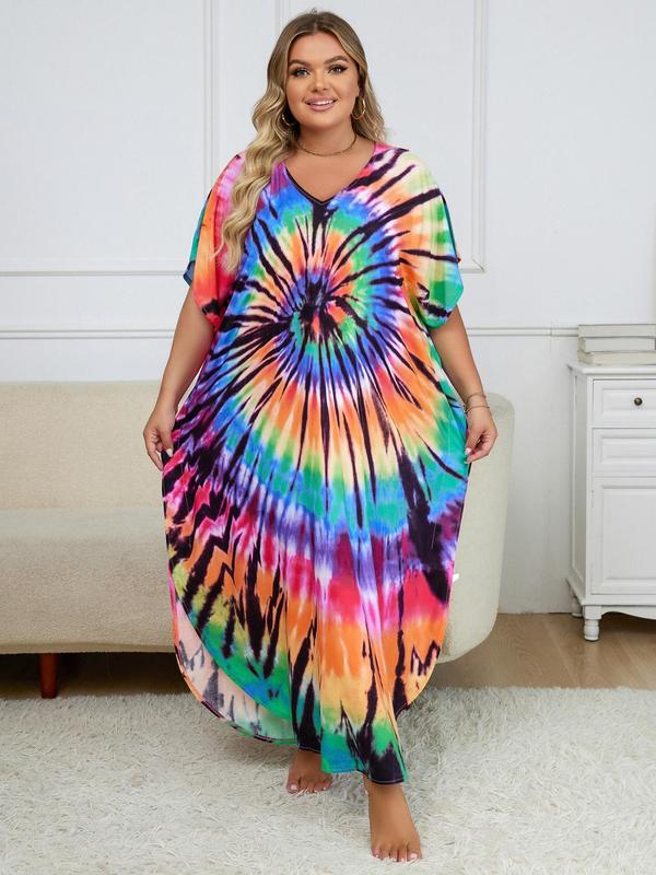  Colorful Graphic Batwing Sleeve Tunic Dress, Bohemian Muumuu Dress, Summer Outfits 2024, Casual Comfort V Neck Half Sleeve Split Long Dress for Lady, Women's Clothing for Summer