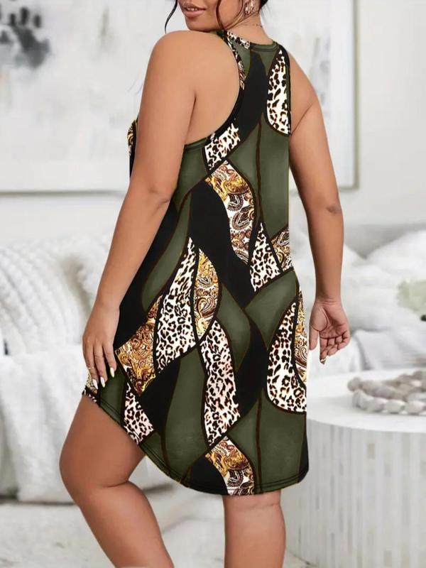 Patchwork Leopard Print Tank Nightdress, Casual Soft Comfortable Sleeveless Nightgown for Women, Women's Sleepwear for All Seasons
