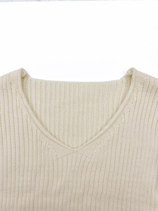 Women's Solid Color Drop Shoulder V Neck Crop Sweater, Casual Long Sleeve Jumper for Fall & Winter, Women's Knitwear for Daily Wear, Fall Clothes 2024