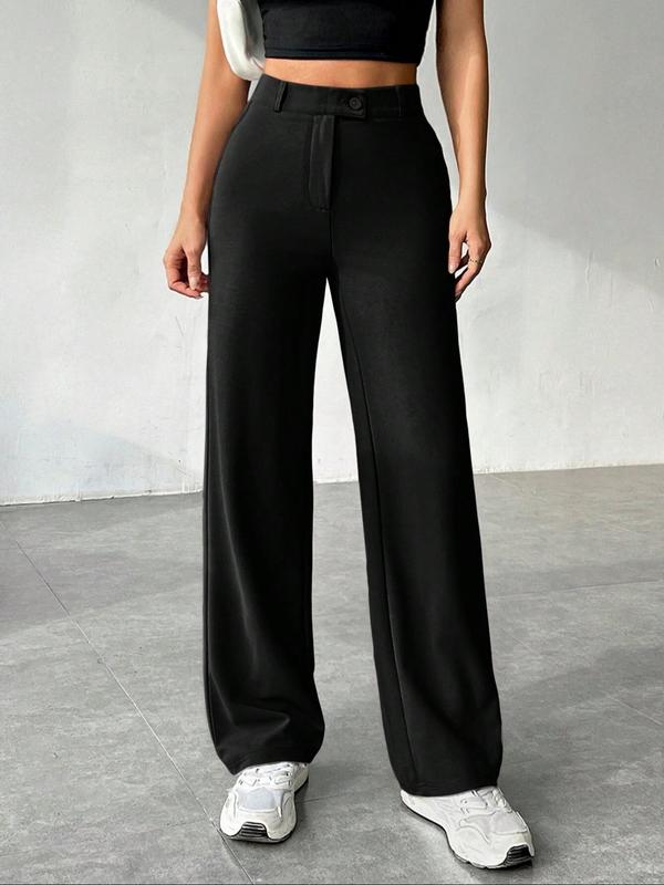 Women's Solid Button Fly Straight Leg Pants, Casual Comfy Trousers for Daily Wear, Ladies Bottoms for All Seasons