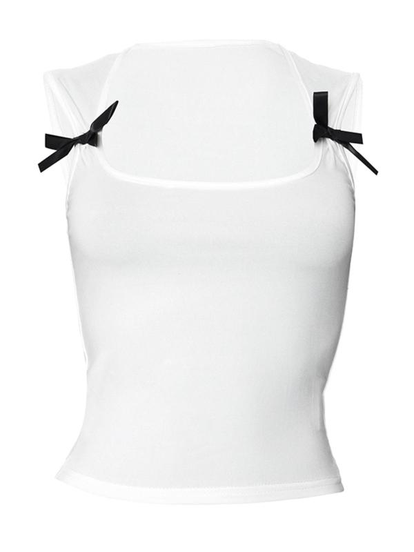 Women's Bow Decor Square Neck Crop Tank Top, Y2K Fashion Sleeveless Cropped Top for Summer, Fashion Women's Top for Daily Wear, 90s Clothes