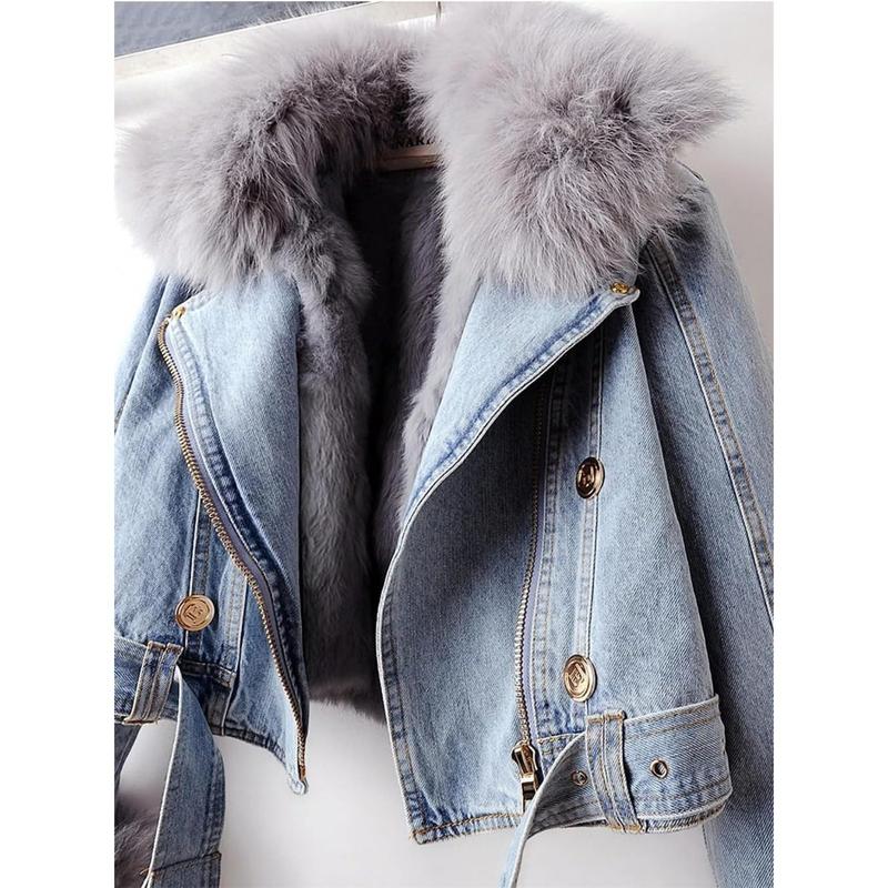 Women Denim Jacket with Fur Warm Fur Collar Rabbit Fur Lined Denim Jacket Thicken Shaggy Winter Removable Cropped Top