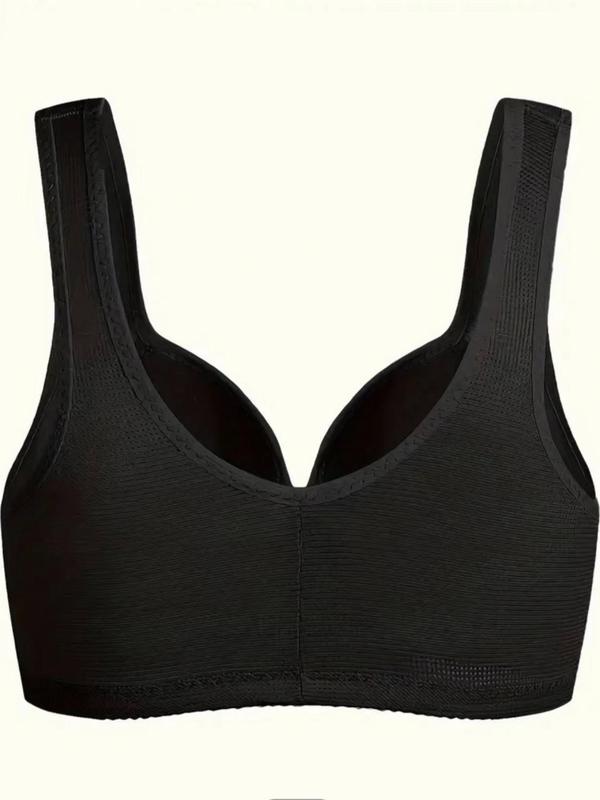 Women's Contrast Lace Hook & Eye Closure Front Push Up Bra, Breathable Comfortable Wireless Bra, Solid Color Lingerie for Daily Wear
