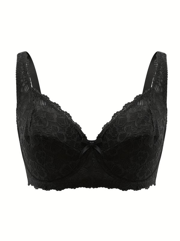 Plus Size Bow Front Contrast Lace Bra, Fashion Cozy Wireless Straps Push Up Bralette for Daily Wear, Women's Lingerie for All Seasons
