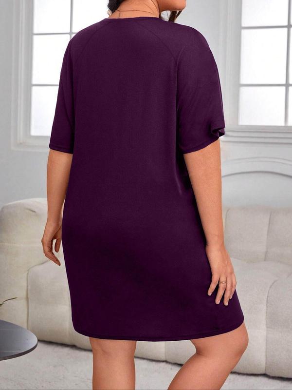  Letter & Heart Print V Neck Raglan Sleeve Tee Dress, Casual Half Sleeve Short Dress for Daily Wear, Women's Sleepwear for All Seasons