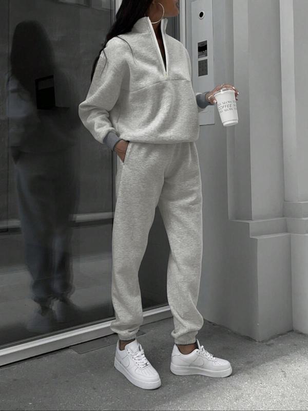 Women's Solid Drop Shoulder Zip Up Sweatshirt & Pocket Elastic Waist Pants Two-piece Set, Casual Fashion Cozy Breathable Two Piece Outfits for Daily Outdoor Wear, Women Clothes for Fall & Winter
