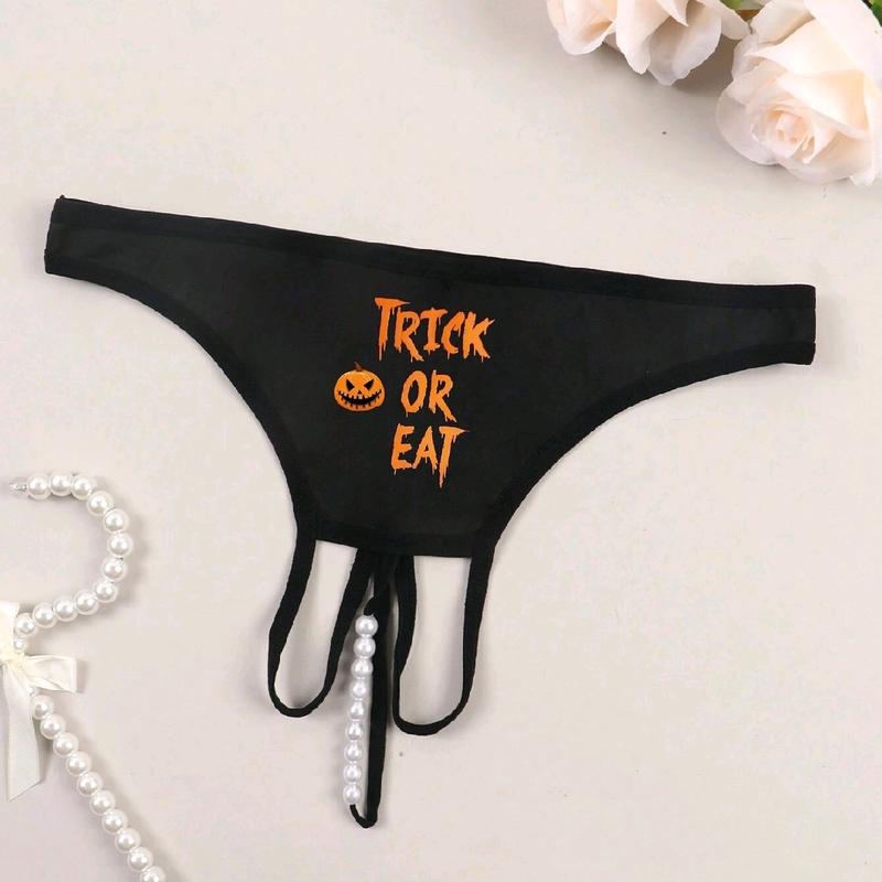 Trick or Eat Halloween Women’s Black Sexy Crotchless Panties Pumpkin Letter Printed Thong Sexy With Pearl Decoration sexy knicker knicker set