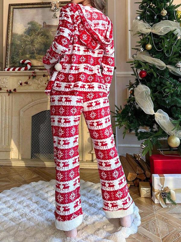 Two-piece Set Women's Christmas Print Pom Pom Decor Drawstring Hooded Top &  Pants Pyjama, Casual Comfy Long Sleeve Pullover & Trousers Pj Set, Women's Sleepwear for Fall & Winter