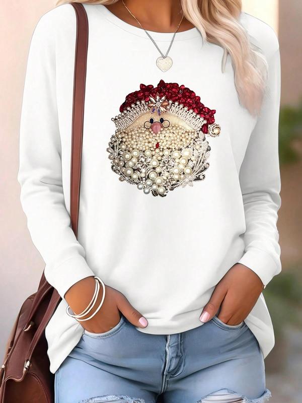 Women's Christmas Cartoon Santa Claus Print Round Neck Sweatshirt, Fashion Casual Long Sleeve Pullover for Daily Wear, Ladies Fall & Winter Clothes