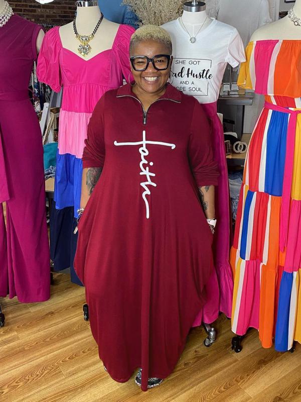  Letter Print Side Stripe Pocket Half Zip Tee Dress, Dresses for Women, Casual Long Sleeve Collared Maxi Dress for Spring & Fall, Plus Size Women's Clothing for Daily Wear, Plus Size Fall Outfits 2024, Fall Dresses