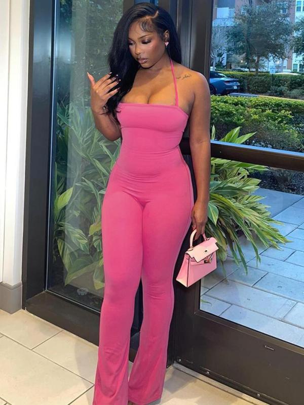 Women's Solid Backless Halter Cami Jumpsuit, Vacation Clothes, Comfort Basic Minimalist Casual Sleeveless Jumpsuit for Summer, Lady's Clothes for Daily Wear, Womenswear