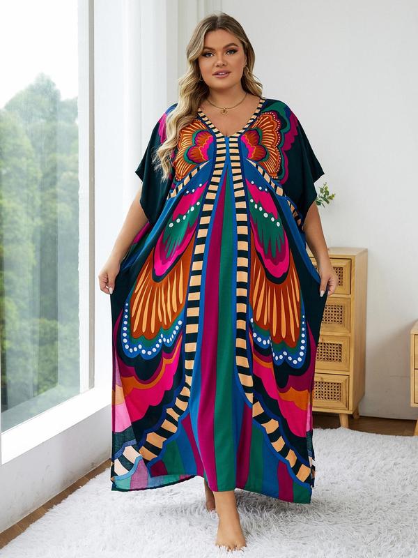  Colorful Graphic Batwing Sleeve Tunic Dress, Bohemian Muumuu Dress, Summer Outfits 2024, Casual Comfort V Neck Half Sleeve Split Long Dress for Lady, Women's Clothing for Summer