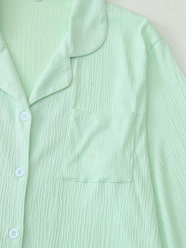 Two-Piece Set Women's Solid Button Front Pocket Lapel Shirt & Elastic Waist Shorts Pyjama, Casual Comfy Long Sleeve Top & Shorts PJ Set, Women's Sleepwear for Spring & Fall