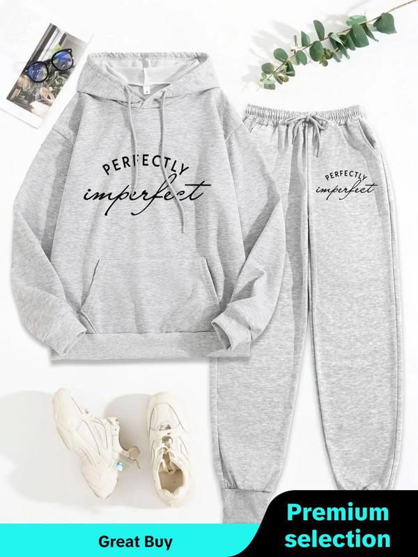 Women's Letter Print Pocket Drop Shoulder Hoodie & Drawstring Waist Sweatpants Two-piece Set, Casual Comfort Hoodie Cozy Breathable Two Piece Outfits for Daily Wear, Ladies Fall & Winter Clothes