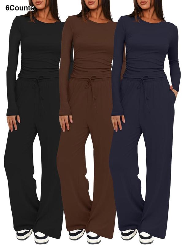 Women's Solid Long Sleeve Tee & Drawstring Waist Wide Leg Pants Loungewear Two-Piece Set, Casual Comfy Round Neck Top & Trousers PJ Set, Ladies Sleepwear for All Seasons