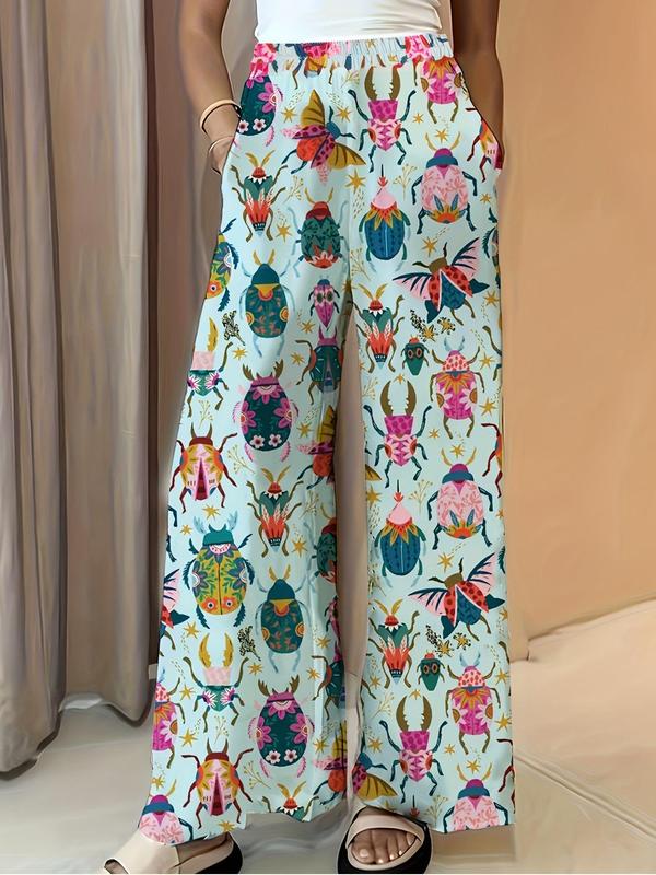 Women's All Over Print Pocket Wide Leg Pants, Casual Comfy Trousers for Daily Wear, Ladies Bottoms for Fall & Winter