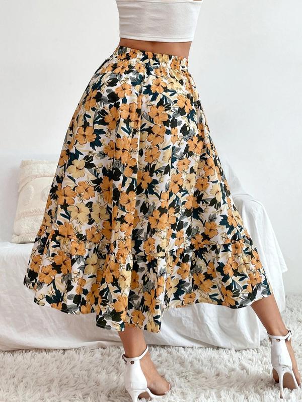 Women's Floral Print Ruffle Hem Vintage Midi Skirt, Boho Elastic Waist A Line Skirt, Summer Clothes Women, Midi Skirts Outfits, T, Skirts for Women, Ladies Bottoms for Daily Wear