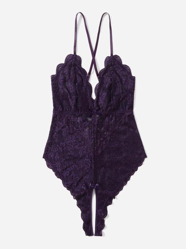  Criss Cross Scallop Trim Open Crotch Design Sexy Lingerie Bodysuit, Romantic Plain Bow Decor V Neck Sleeveless Lingerie Bodysuit for Women, Women's Sexy Lingerie for All Seasons
