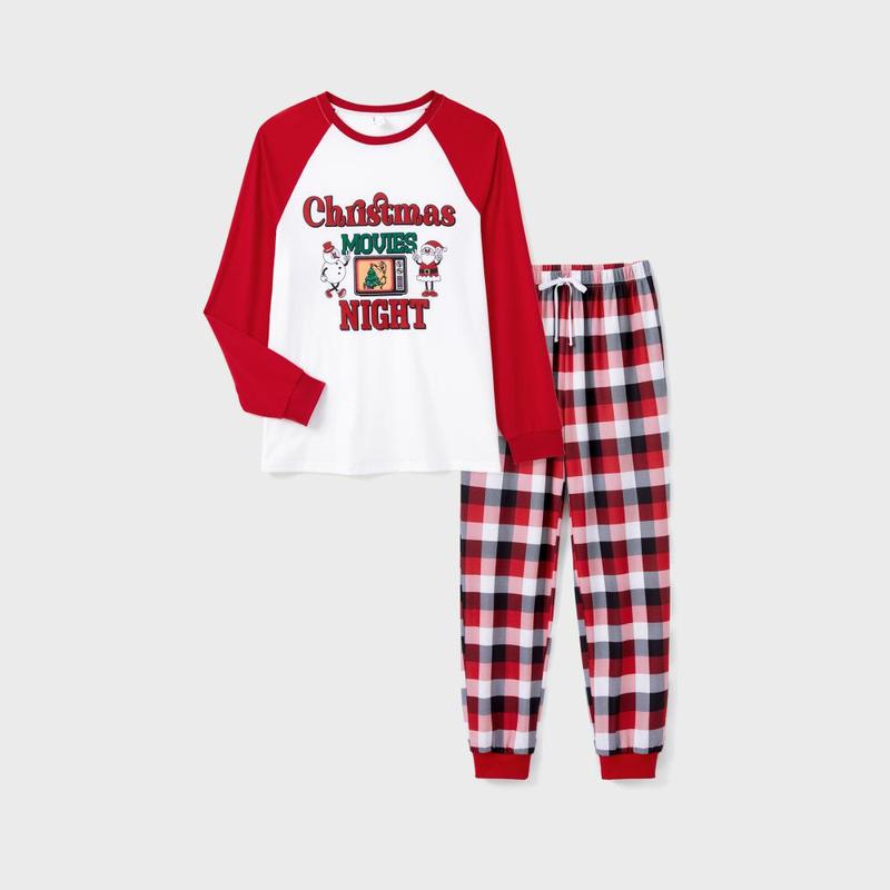 PatPat Christmas Movie Night Red Plaid Pajamas Raglan Sleeves Santa and Snowman Pattern