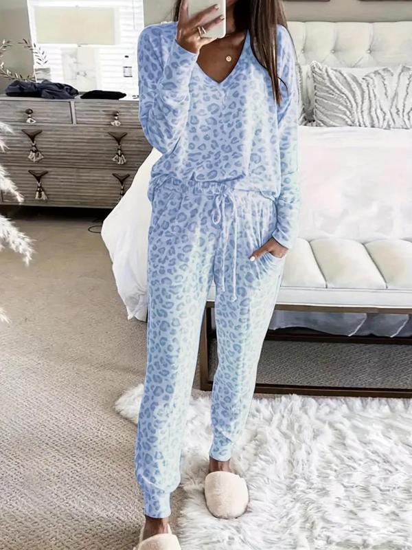 Two-Piece Set Women's Leopard Print Drop Shoulder Top & Drawstring Pants Pyjama Set, Casual Comfy Long Sleeve V Neck Top & Pocket Trousers PJ Set, Women's Sleepwear for Spring & Fall, Fluffy Pajamas