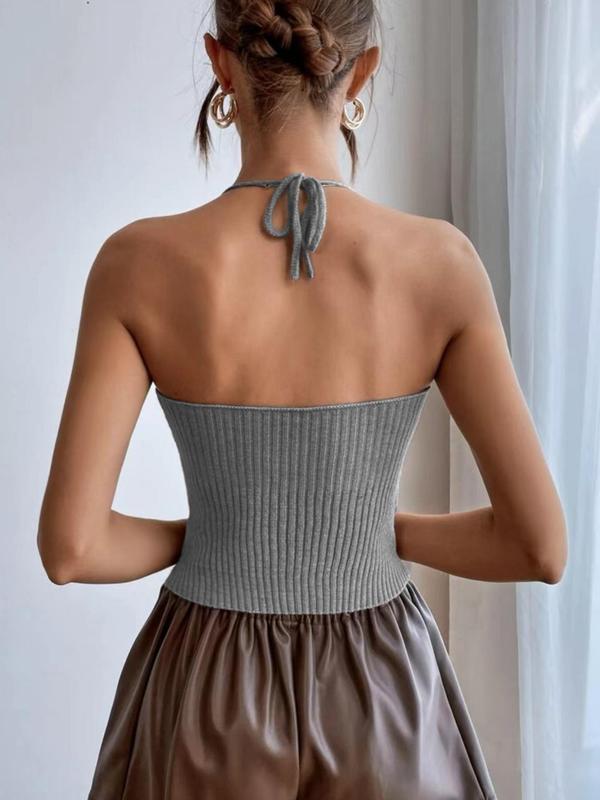 Women's Basic Backless Sleeveless Halter Neck Sweater Vest, Lady Casual Basic Simple Tie Back Knit Cami Top for Women, Knitting Camisole for Summer, Womenswear