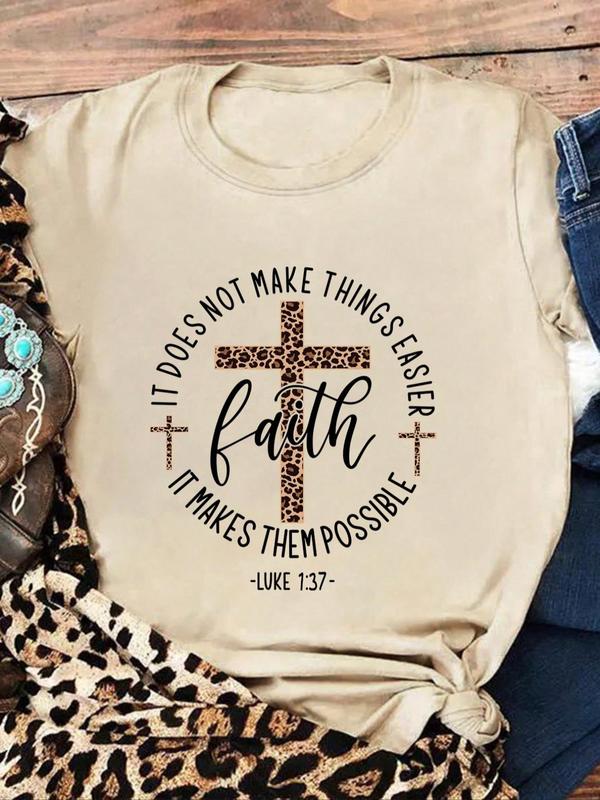 Women's Letter Print Round Neck Tee, Fashion Casual Cross Graphic Crew Neck T-Shirt for Daily Holiday Outdoor Wear, Graphic Tees, Ladies Clothes for Summer