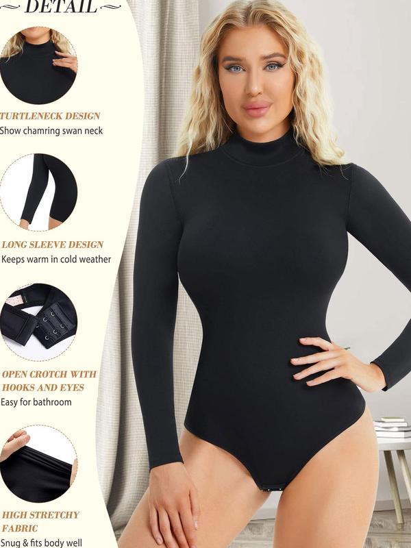 Women's Plain Mock Neck Long Sleeve Shapewear Bodysuit, Casual Comfy High Stretch Fajas Shapewear Clothing for Daily Wear, Women's Shapewear for Spring & Fall