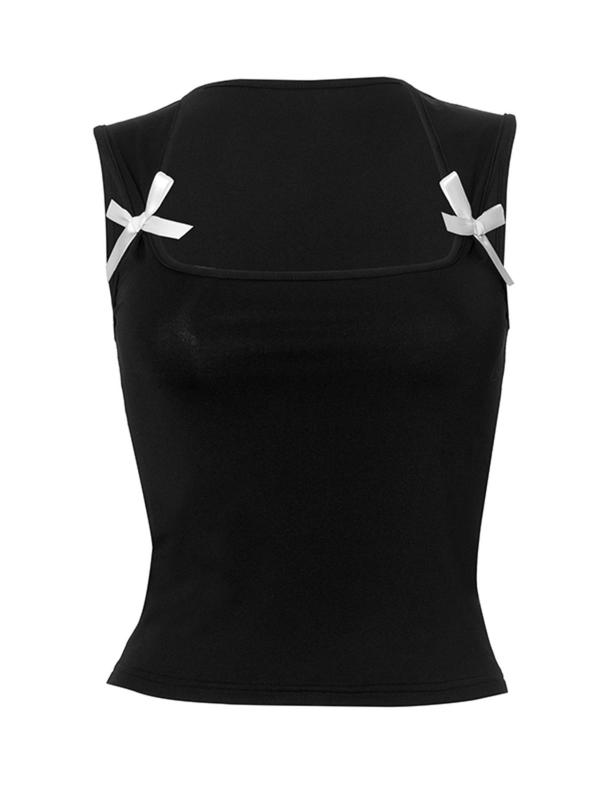 Women's Bow Decor Square Neck Crop Tank Top, Y2K Fashion Sleeveless Cropped Top for Summer, Fashion Women's Top for Daily Wear, 90s Clothes