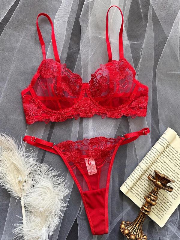 Women's Floral Embroidery Push Up Bra & Thong Sexy Lingerie Set, Sexy Comfy Breathable Underwear Set for Daily Wear, Women's Lingerie & Underwear for All Seasons