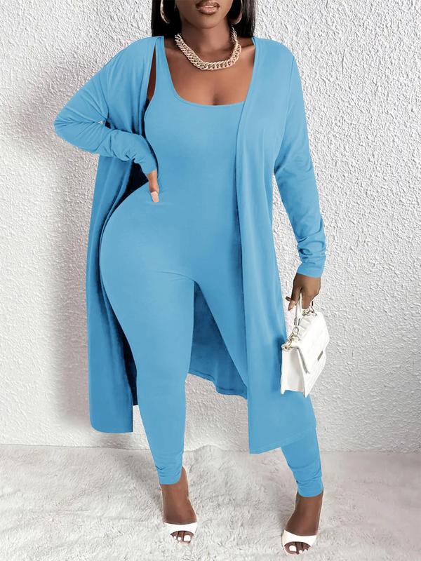 Two-piece Set Women's Solid Open Front Long Sleeve Longline Outwear  & Skinny Jumpsuit, Casual Fashion Cozy Outfits for Daily Outdoor Wear, Women Clothes for Fall & Winter