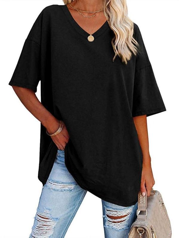  Solid Color Drop Shoulder Tee, Casual Half Sleeve V Neck T-shirt for Summer, Women's Clothing for Daily Wear