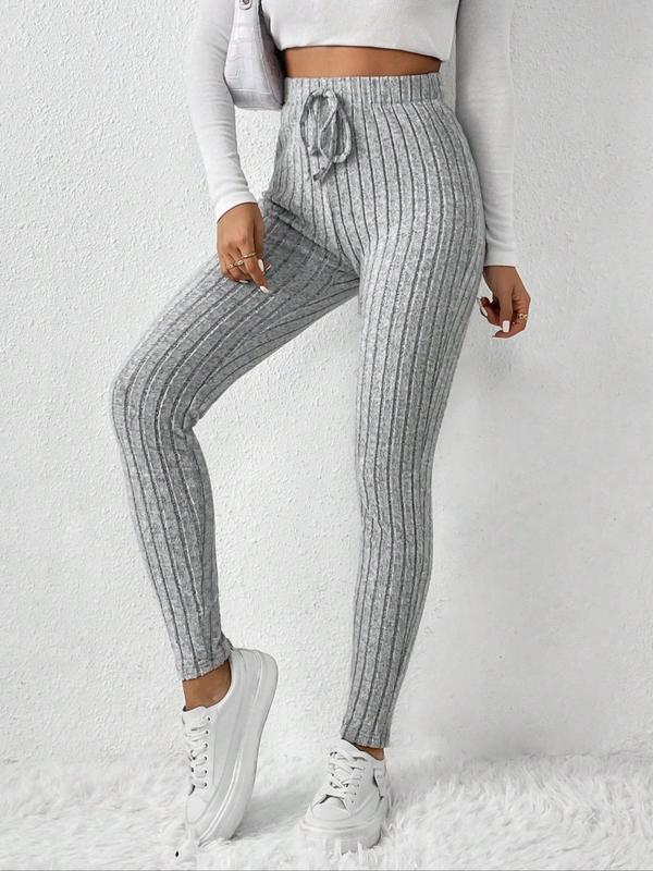 Women's Solid Color Ribbed Drawstring Waist Leggings, Casual Comfy Skinny Pants for Daily Wear, Ladies Bottoms for All Seasons