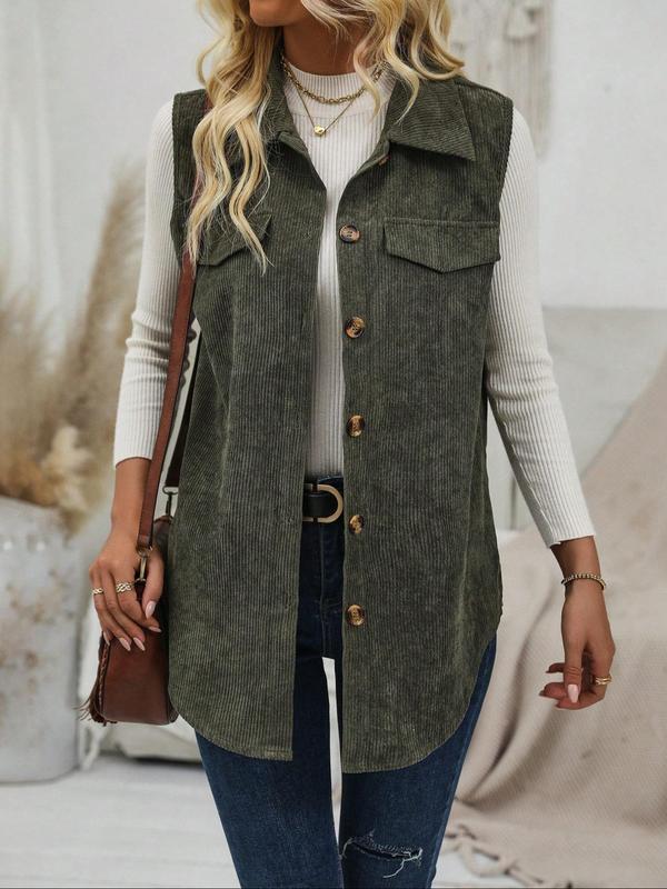 Women's Solid Button Front Curved Hem  Corduroy Vest Coat, Casual Pocket Design Collared Midi Outerwear for Daily Wear, Ladies Clothes for All Seasons