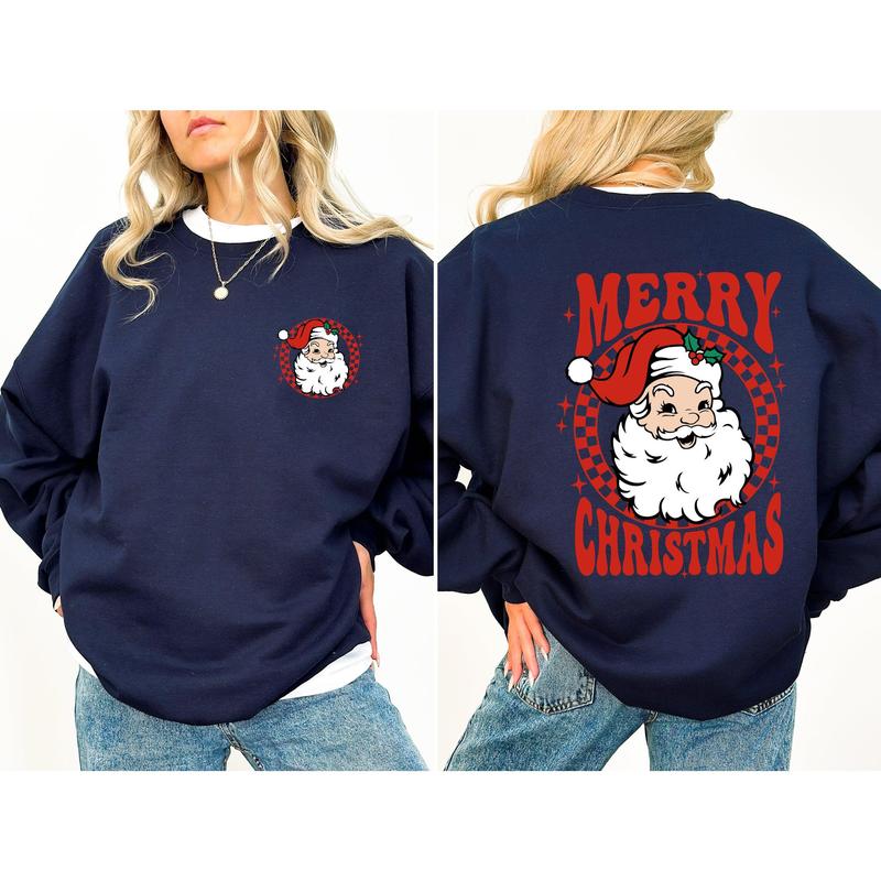 Retro Santa Checkered, Front and Back, Merry Christmas, Winter, Snow, Xmas Sweatshirt, Women's Crew Neck, Crewneck