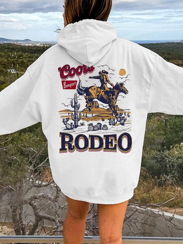 Women's Letter & Cowboy Print Drop Shoulder Hoodie, Western Style Drawstring Pocket Hooded Sweatshirt for Daily Holiday Outdoor Wear, Ladies Clothes for Fall & Winter Graphic Hoodie