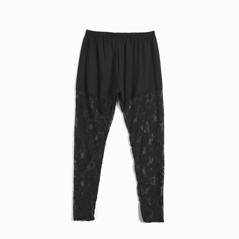 Women Mesh Hollow Lace Insert Sheer Leggings Mid Elastic Waist Pencil Pants Cutout Tights Plus Size L-4XL