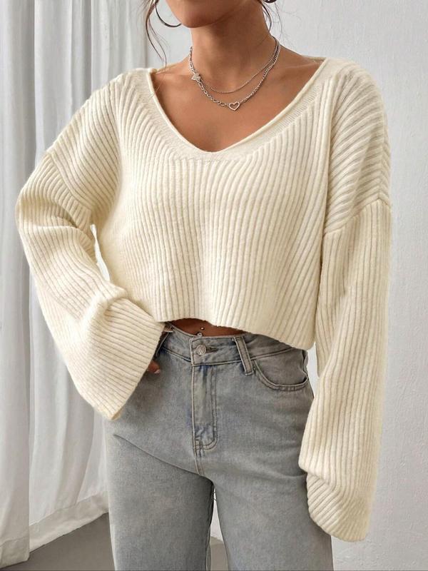 Women's Solid Color Drop Shoulder V Neck Crop Sweater, Casual Long Sleeve Jumper for Fall & Winter, Women's Knitwear for Daily Wear, Fall Clothes 2024