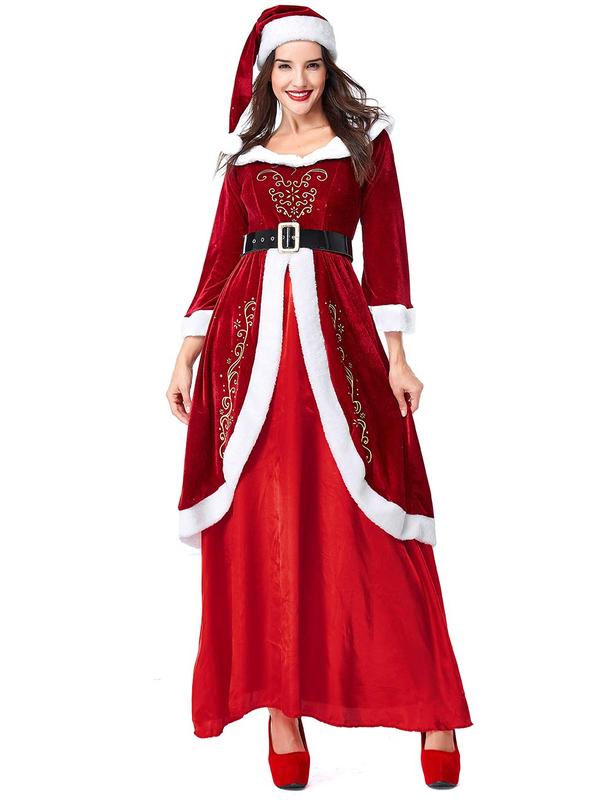 Women's Mrs. Claus Costume, Christmas Queen Costume Play Set, Santa's Helper Dress, Red Christmas Costume with Hat Women's Sexy