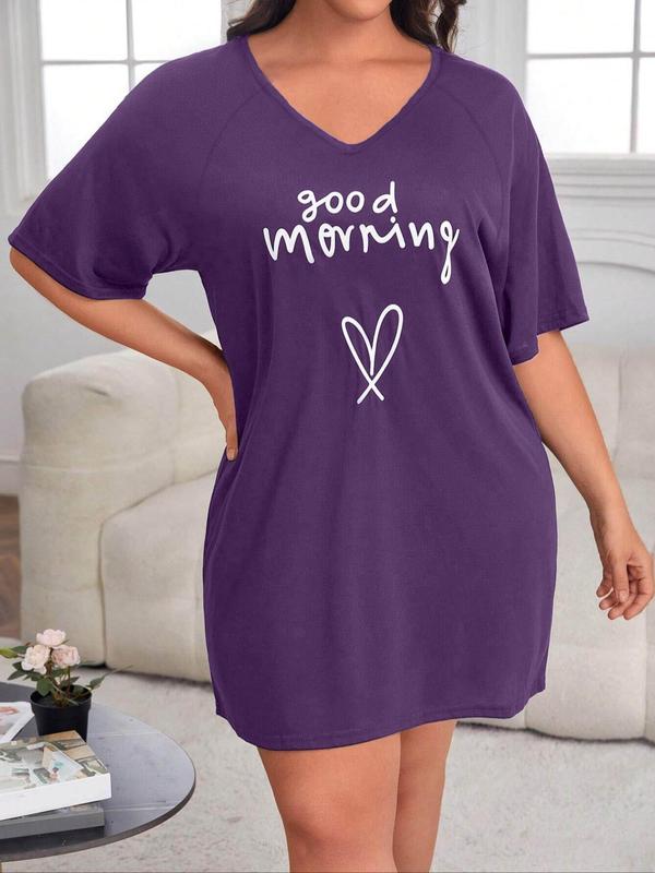  Letter & Heart Print V Neck Raglan Sleeve Tee Dress, Casual Half Sleeve Short Dress for Daily Wear, Women's Sleepwear for All Seasons