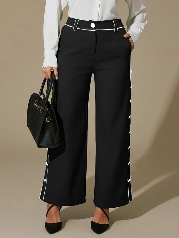 Women's Colorblock Button Wide Leg Pants, Casual Comfy High Waist Trousers for Daily Wear, Ladies Bottoms for All Seasons