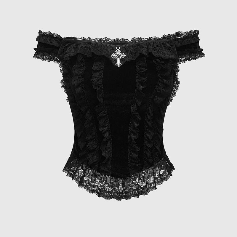 ROMWE Goth Gothic Palace Style Cross Decoration Lace Trim Velvet Off Shoulder Women Top