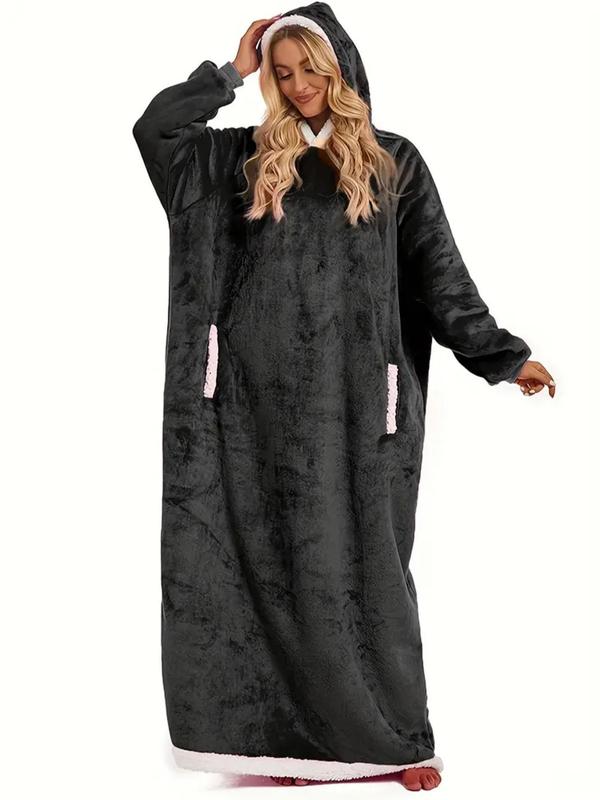 Women's Contrast Binding Pocket Hooded Lounge Robe, Casual Long Sleeve Raglan Sleeve Warm Lounge Robe, Women's Sleepwear for Fall & Winter
